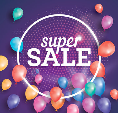 Super Sale poster on pink background with flying balloons.