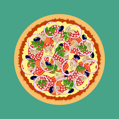Pizza. Tomatoes mushrooms onions and olives