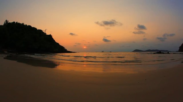 beautiful sky and sea ripple on tropical sandy beach at sunset time from fisheye lens, high definition, Full HD, 1920x1080