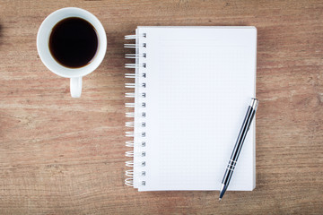 Blank open notebook with coffee cup, Business template mock up f