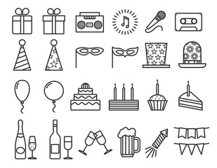 Party birthday holidays icons thin line vector outline icons set. Happy party with champagne and music, illustration carnival and party with drink and cake