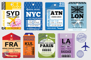 Retro baggage tags and travel tags vector stock. Illustration set of tag for baggage - obrazy, fototapety, plakaty