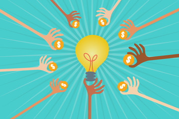 Crowdfunding concept with hands holding money to give their support around light bulb idea.