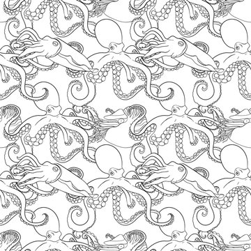 Detailed seamless pattern with mollusks.