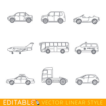 Transportation icon set include Ambulance Semi truck Taxi Business jet Pickup Crossover Bus Minivan and Cabriolet. Editable vector graphic in linear style.