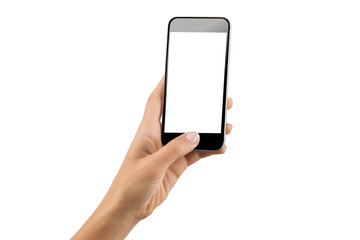 Female hand holding black cellphone with white screen isolated