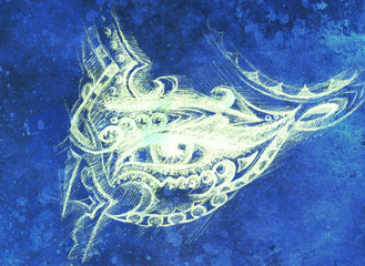 woman eye with ornament, pen drawing, eye contact. Color effect and Computer collage.