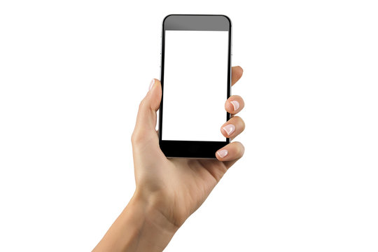 Female hand holding black cellphone with white screen isolated