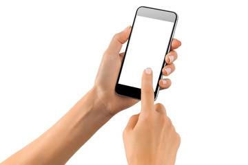 Mockup of feamle hand with a black cellphone with white screen isolated