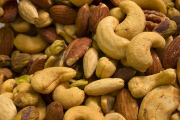 This is a photograph of mixed nuts including Cashews,Almonds,Pistachios and Pecans