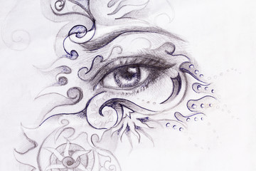 woman eye with ornament, pencil drawing, eye contact.