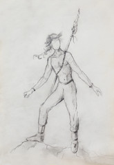 young native american indian warrior with spear weapon , figure drawing.