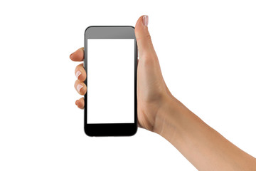 Female hand holding black cellphone with white screen isolated