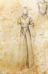 sketch of mystical woman  in beautiful ornamental dress  inspired by middle age design.