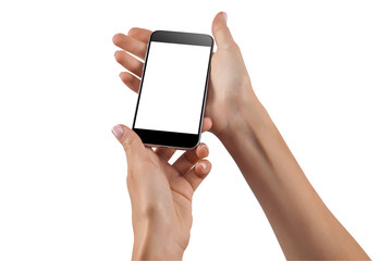 Female hand holding black cellphone with white screen isolated
