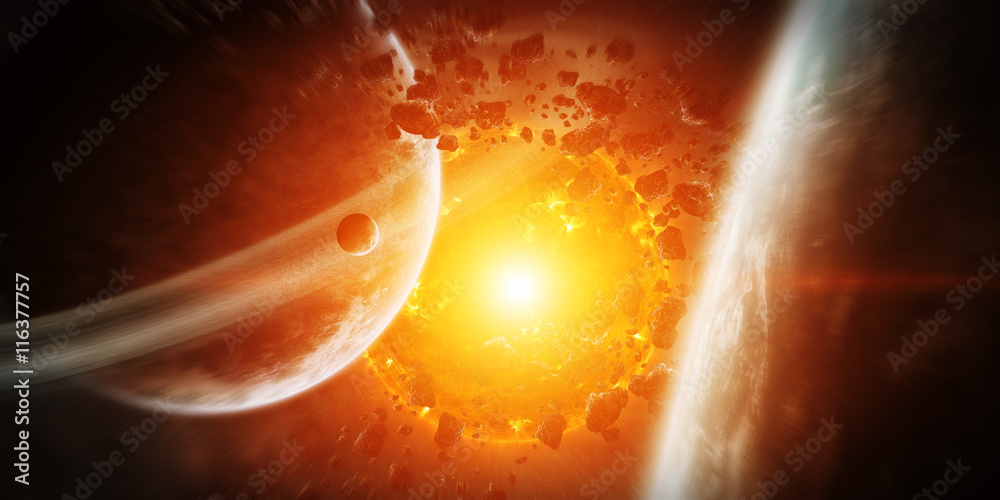 Wall mural exploding sun in space close to planet