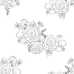 Seamless floral pattern with rose, hand drawn sketch ornament wi