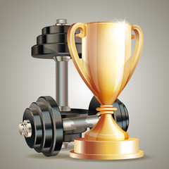 Gold cup with metal realistic dumbbells.