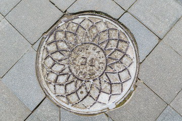 Metal manhole cover with ornaments covering the technology pit
