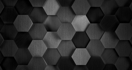Naklejki  Ciemne czarno-białe sześciokątne tło płytek - ilustracja 3D