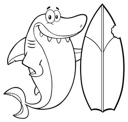Obraz premium Black And White Smiling Shark Cartoon Mascot Character With Surfboard 
