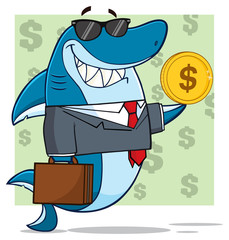 Smiling Business Shark Cartoon Mascot Character In Suit, Carrying A Briefcase And Holding A Golden Dollar Coin. Illustration With Green Background With Dollar Symbols