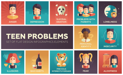 Teen problems- flat design icons set