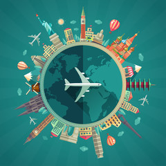 Image of Travel around the world flat design illustration printed on Printed Aluminium Shower Panels