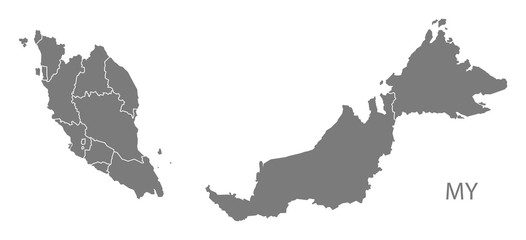 Malaysia federal states Map grey - obrazy, fototapety, plakaty