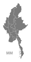 Myanmar with states Map grey