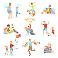 Fathers Day Illustration Set Of Dads Playing With Kids