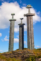 Three large swords stand on the hill as a memory to the Battle of Hafrsfjord in year 872 in Stavanger, Norway.