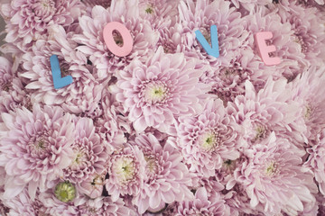 Decorative letters forming word "love" with pink flowers.