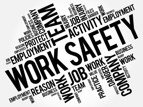 Work Safety word cloud collage with terms such as employee, company, business concept background