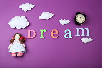 Sleep concept with accessories on color background