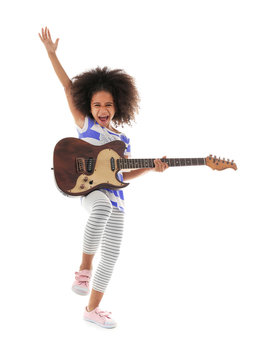 Afro-American little girl with curly hair playing guitar isolated on white