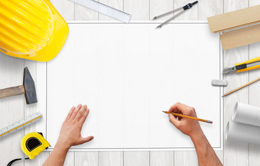 Drawing project on blank paper. Free space for plan or text.