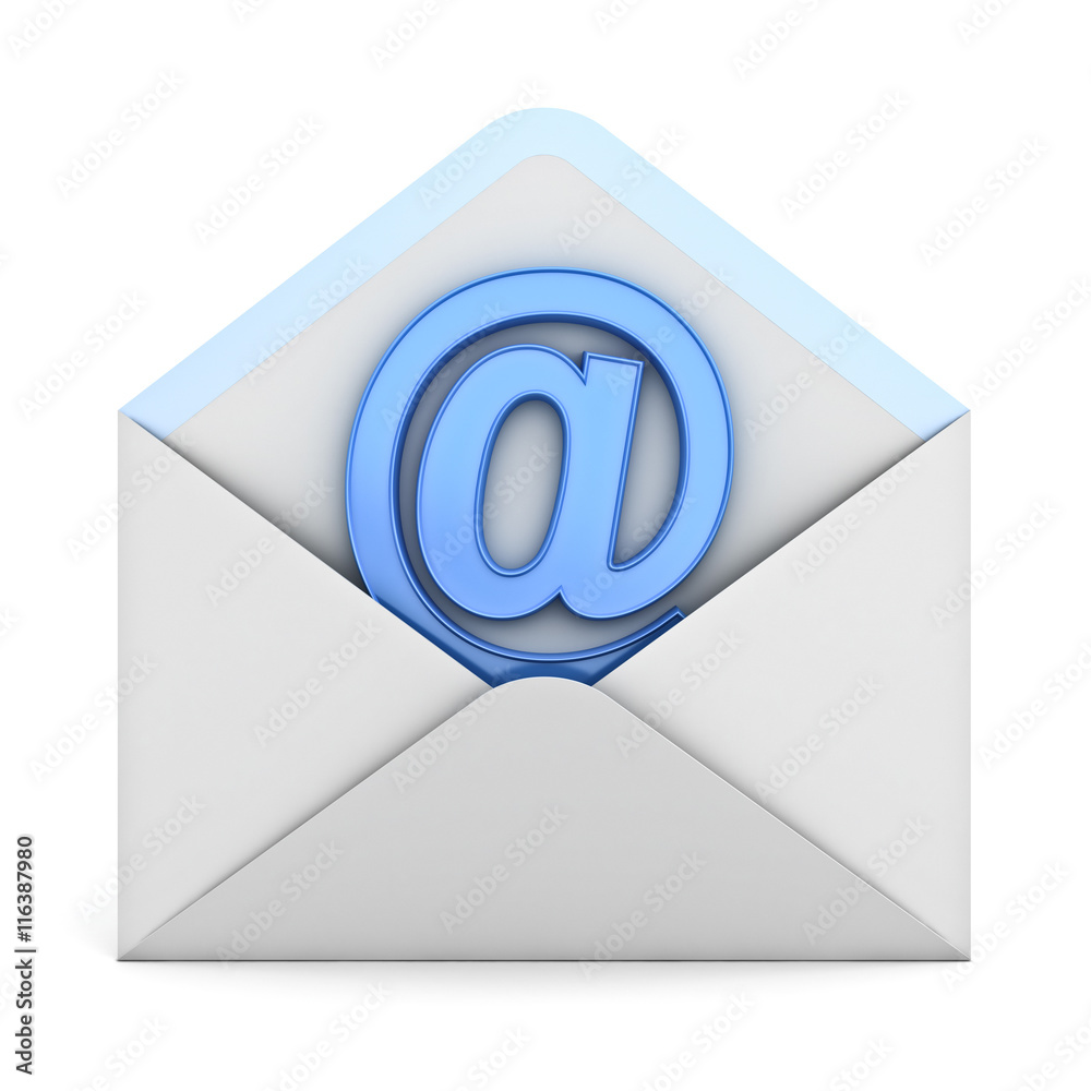 Poster Blue at sign mail in envelope E mail concept isolated on white background 3D rendering