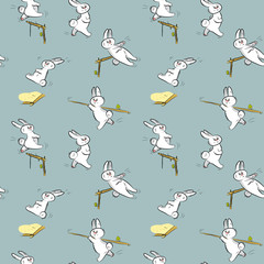 Seamless pattern with different hares and sports