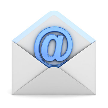 Blue at sign mail in envelope E mail concept isolated on white background 3D rendering