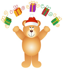 Christmas teddy bear juggling gifts
