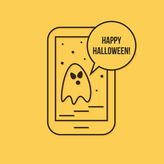 Happy halloween mobile app with ghost, modern linear icon, vector illustration.