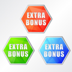 extra bonus, three colors hexagons labels, vector