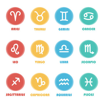 Set of twelve cute and colorful hand drawn zodiac sign icons isolated on white background.