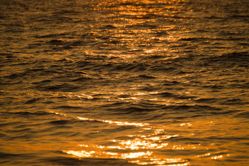 Close up view of ocean waters on sunset. Water texture.