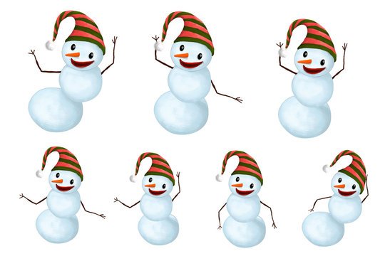 Isolated Funny Smiling Snow-mans set with Hat and Carrot Nose