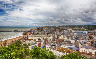 town view at Hastings Town Center with the Pier, England