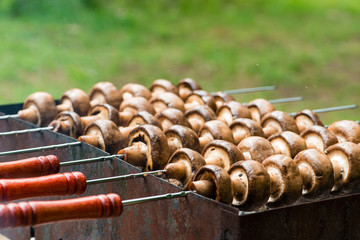 closeup champignon mushroom on brazier outdoors