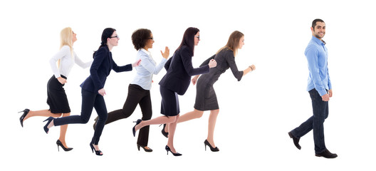 gender equality concept - business women running for walking bus