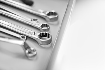 Composition of wrenches, cloce up, black and white